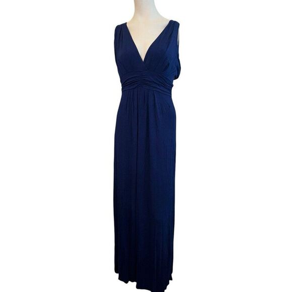 Iman Medium Maxi Long Navy Blue Sleeveless Dress V Neck Elastic Waist Pleated - Picture 1 of 5